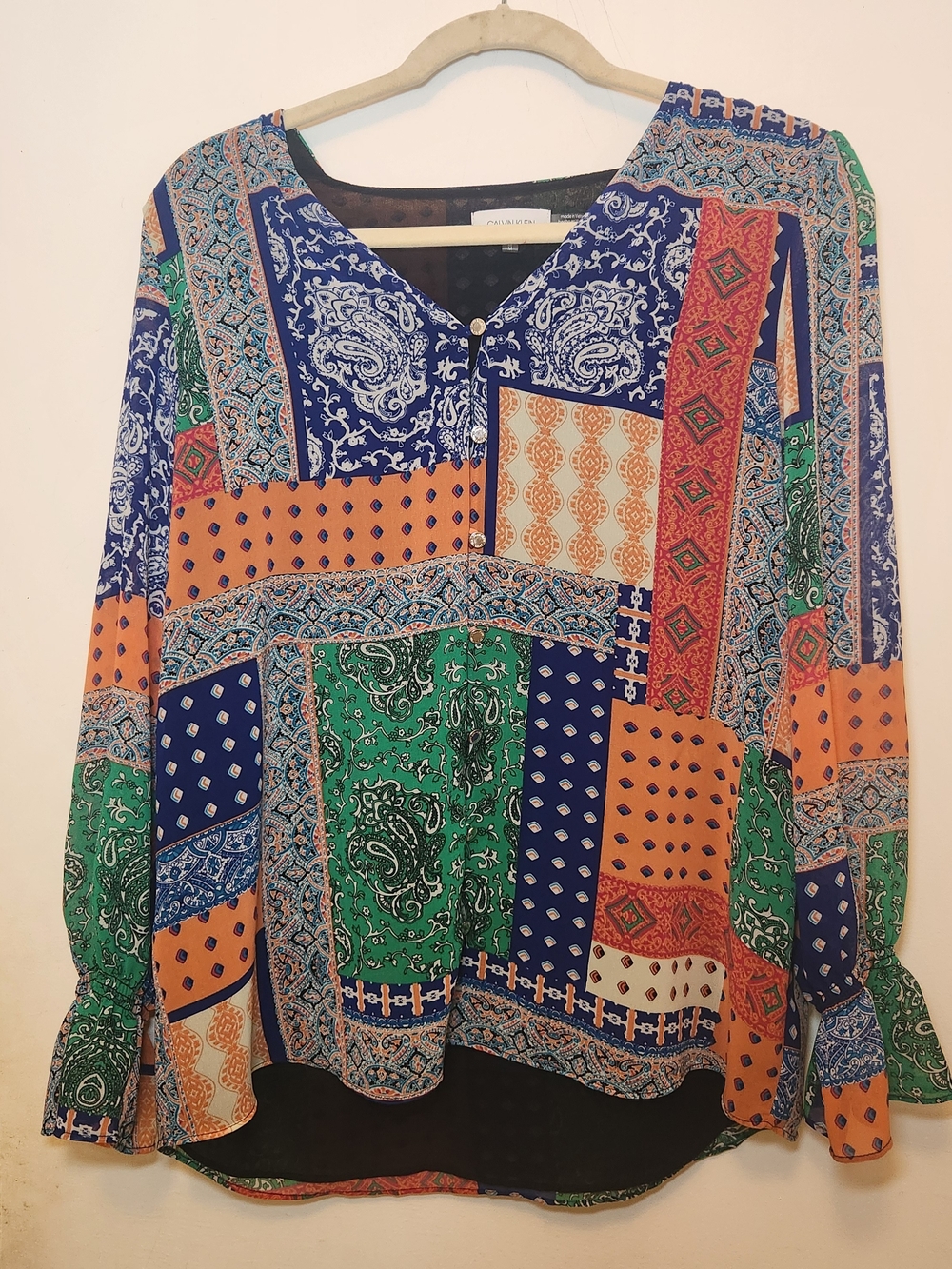 Calvin Klein Patchwork Paisley V-Neck Blouse in Blue, Green & Orange M